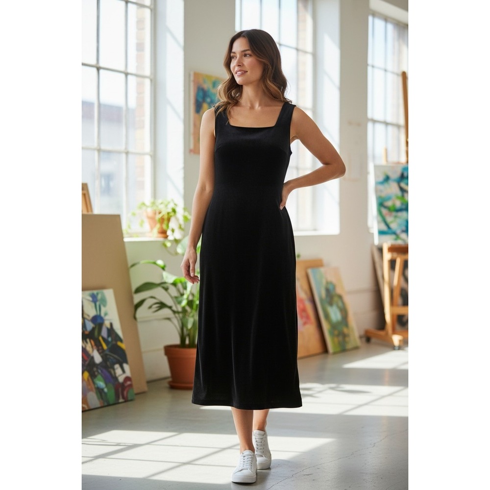 RHAPSODY LTD Vintage 90s Black Stretch Velvet Square Neck Maxi Dress Petite‎ USA